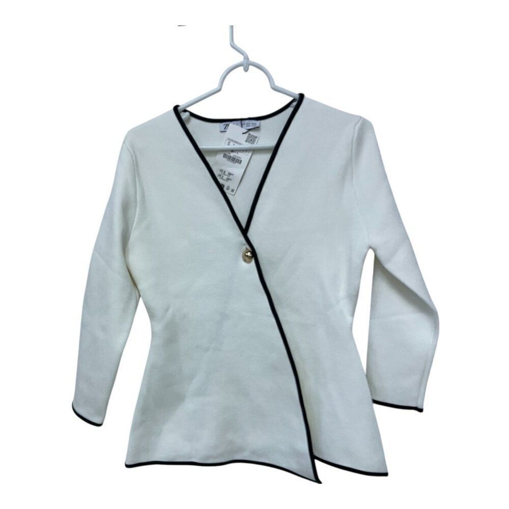 Zara Women Blazer Jacket Size S White Crossover Contrast black Trim 4192/105 NWT - Picture 2 of 12